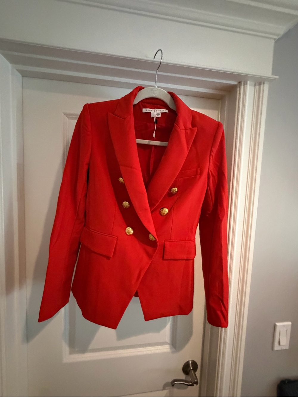 Red Double-Breasted Dickey Blazer Jacket with gold buttons - Veronica Beard